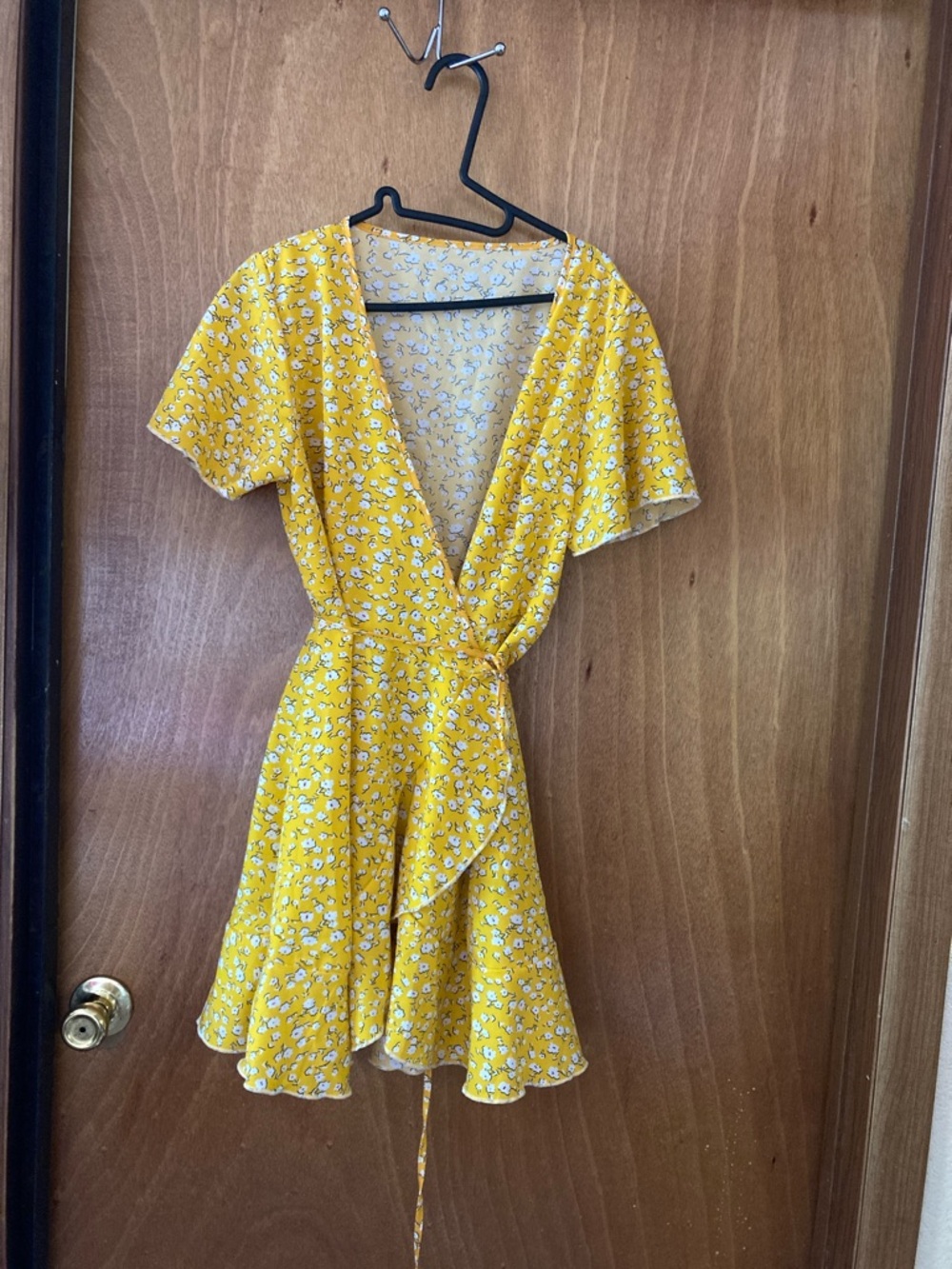SHEIN Yellow Floral Wrap Midi Dress
